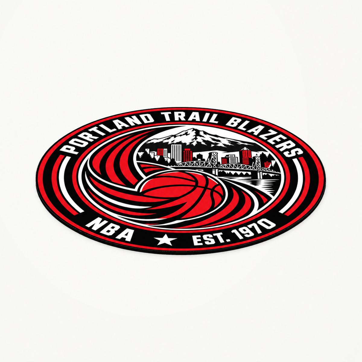Portland Trail Blazers NBA seal — angled view showing thin profile; illustrative rendering