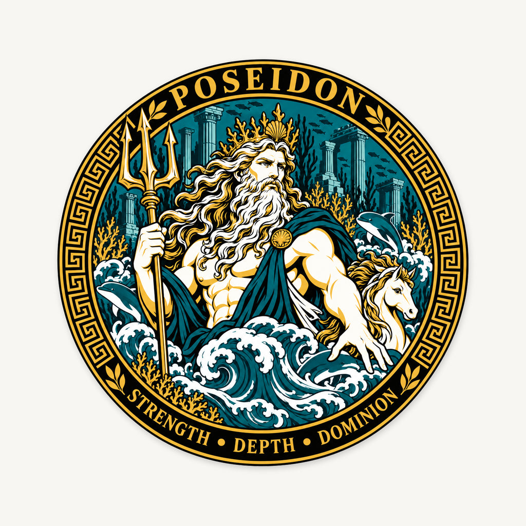 Poseidon Greek Mythology Seal — front view; illustrative rendering