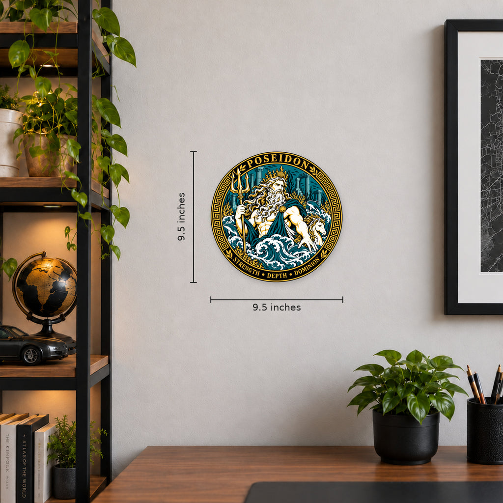 Poseidon Greek Mythology Seal — example wall display with 9.5-inch guides; illustrative rendering