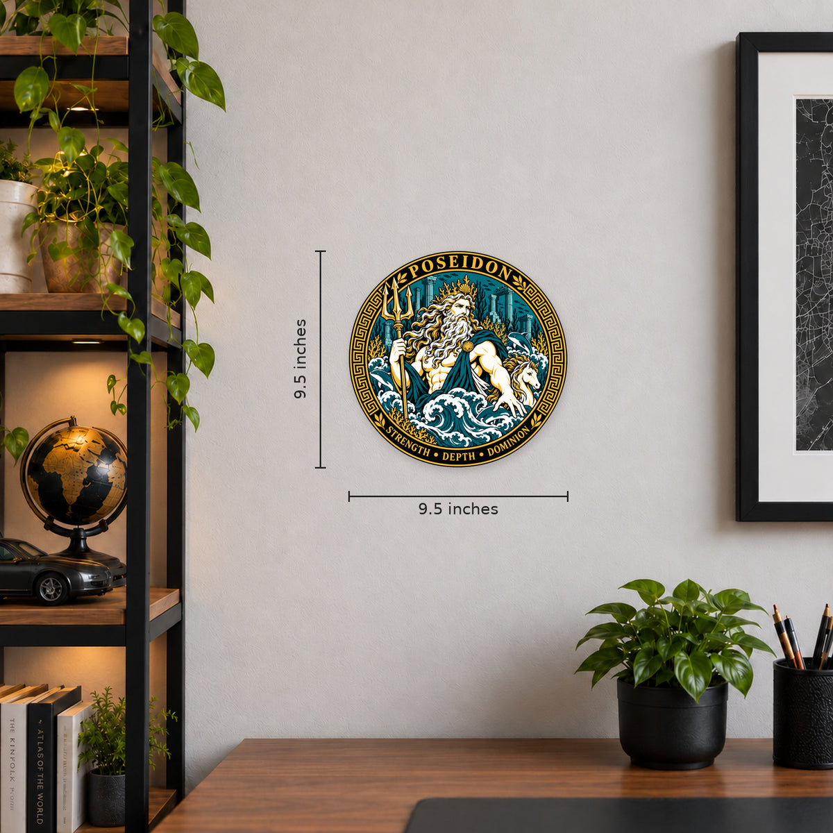 Poseidon Greek Mythology Seal — example wall display with 9.5-inch guides; illustrative rendering