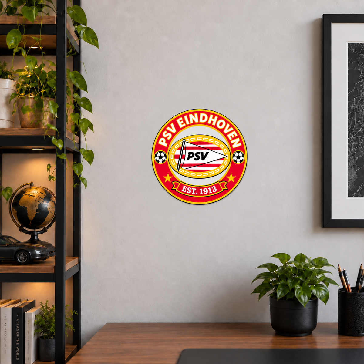 PSV Eindhoven soccer club seal — matching wide office wall display illustrative rendering