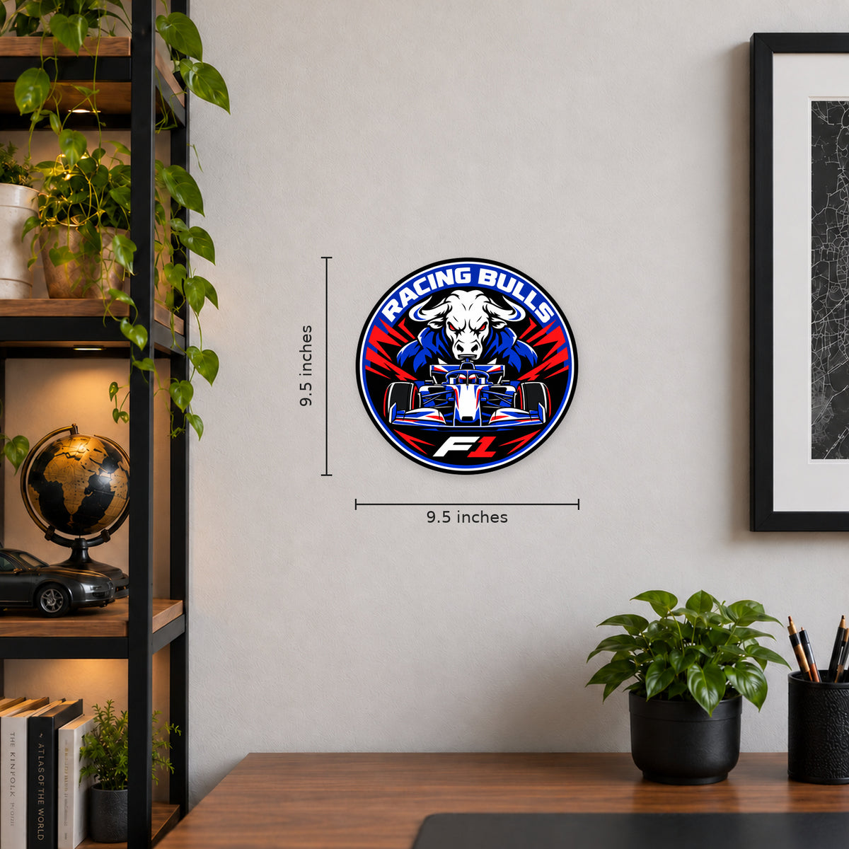 Racing Bulls F1 Team Seal — example wall display with 9.5-inch width and height guides; illustrative rendering