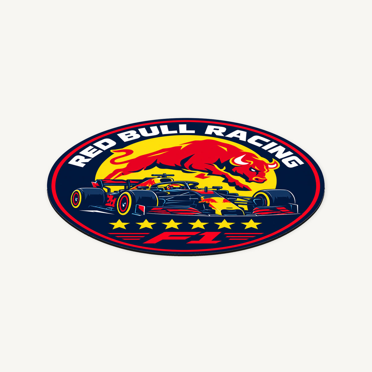 Red Bull Racing F1 Team Seal — angled view showing the thin plaque profile; illustrative rendering