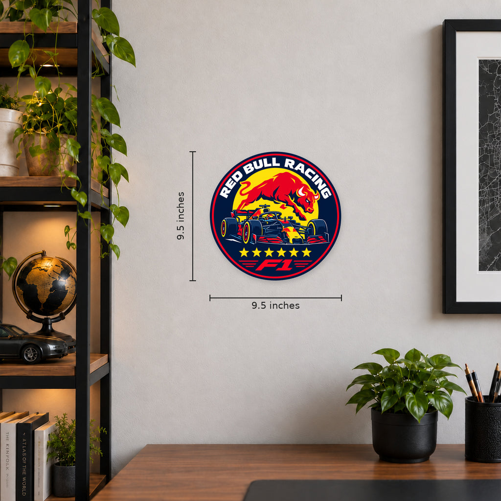 Red Bull Racing F1 Team Seal — example wall display with 9.5-inch width and height guides; illustrative rendering
