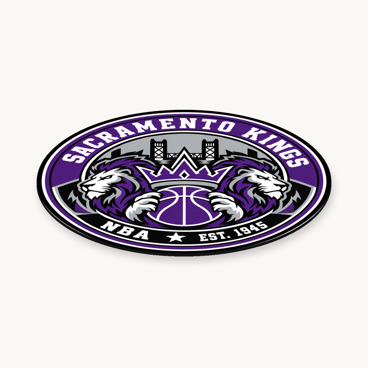 Sacramento Kings NBA seal — angled view showing thin profile; illustrative rendering