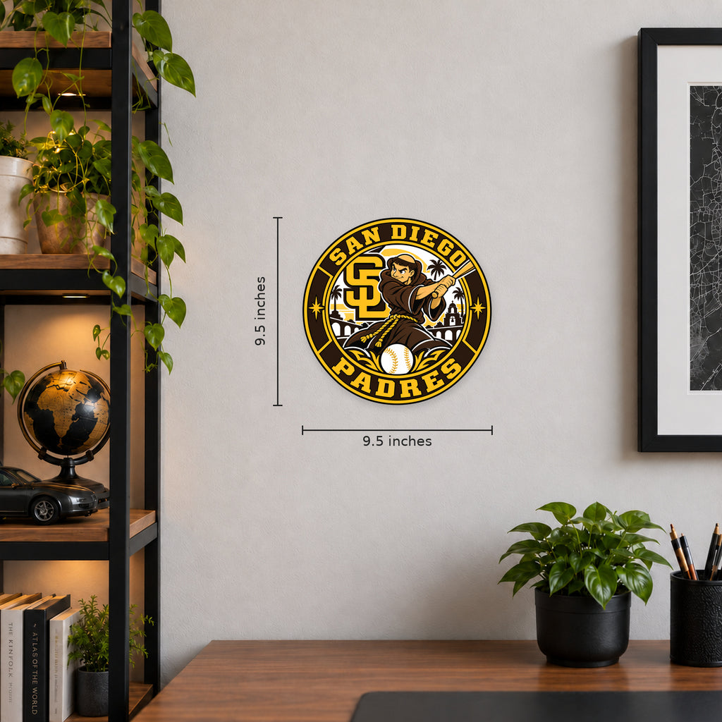 San Diego Padres MLB Team Seal — example wall display with 9.5-inch width and height guides; illustrative rendering