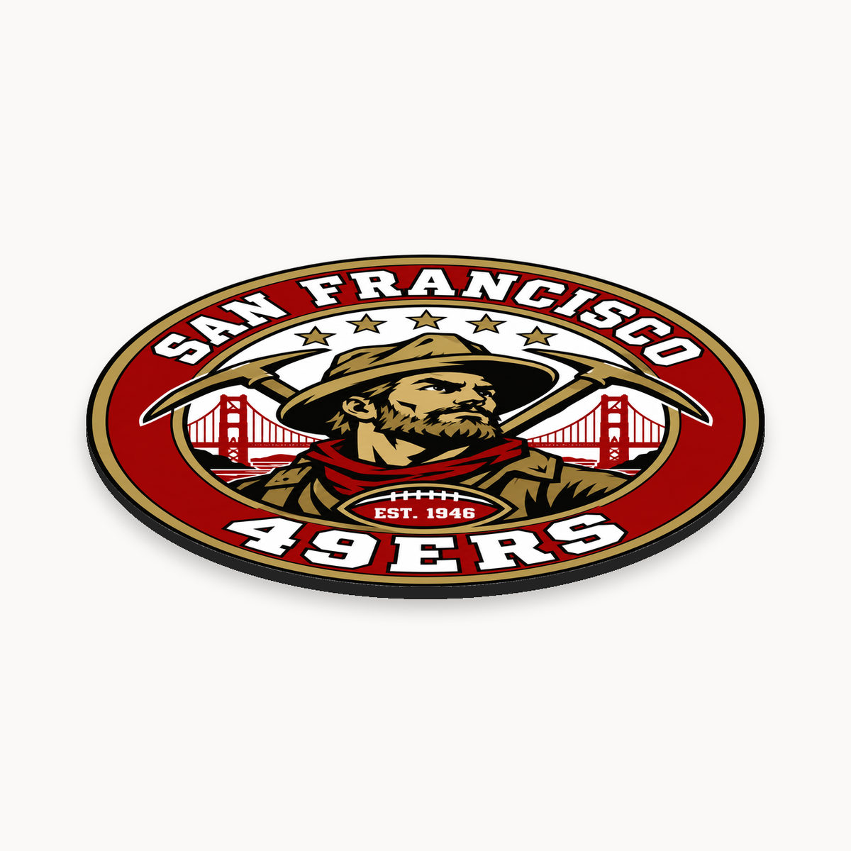 San Francisco 49ers NFL seal — angled thin-profile view; illustrative rendering