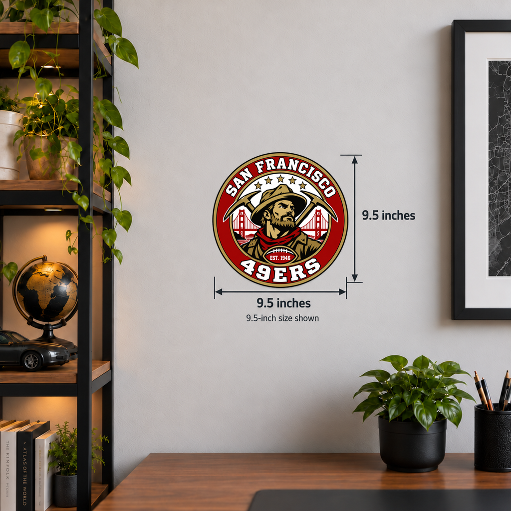 San Francisco 49ers NFL seal — wall display; 9.5-inch size shown with measurements; illustrative rendering
