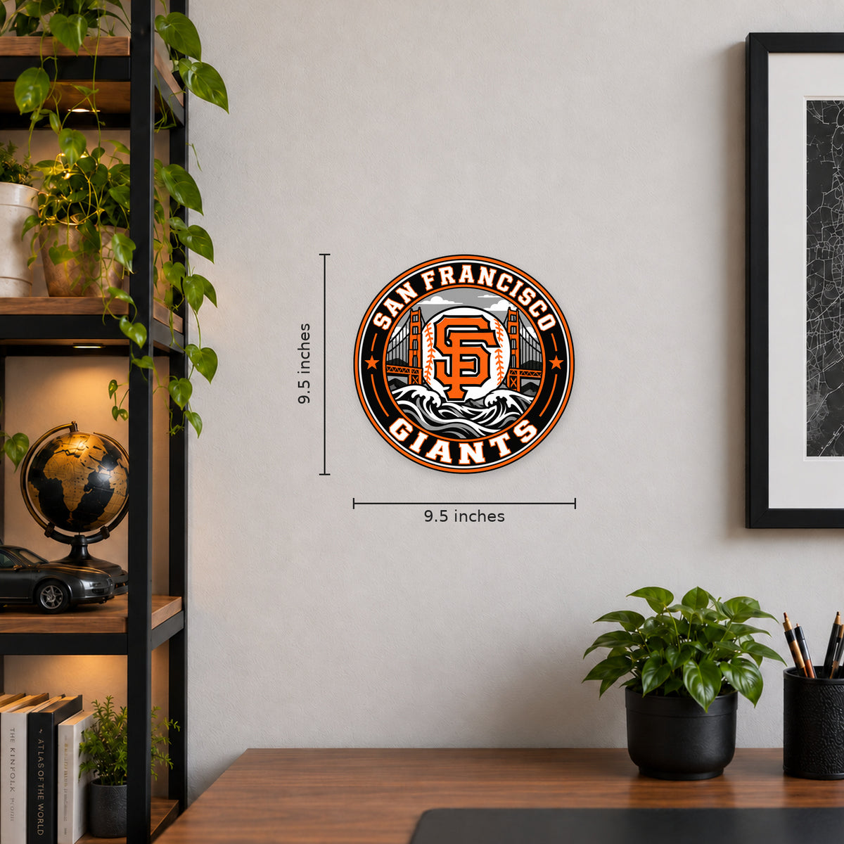 San Francisco Giants MLB Team Seal — example wall display with 9.5-inch width and height guides; illustrative rendering