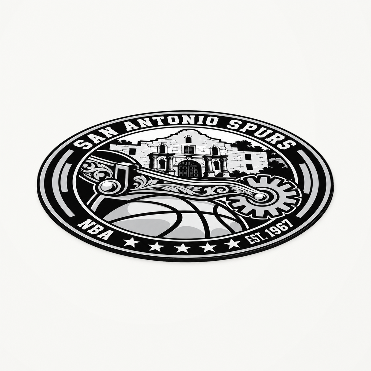 San Antonio Spurs NBA seal — angled view showing thin profile; illustrative rendering