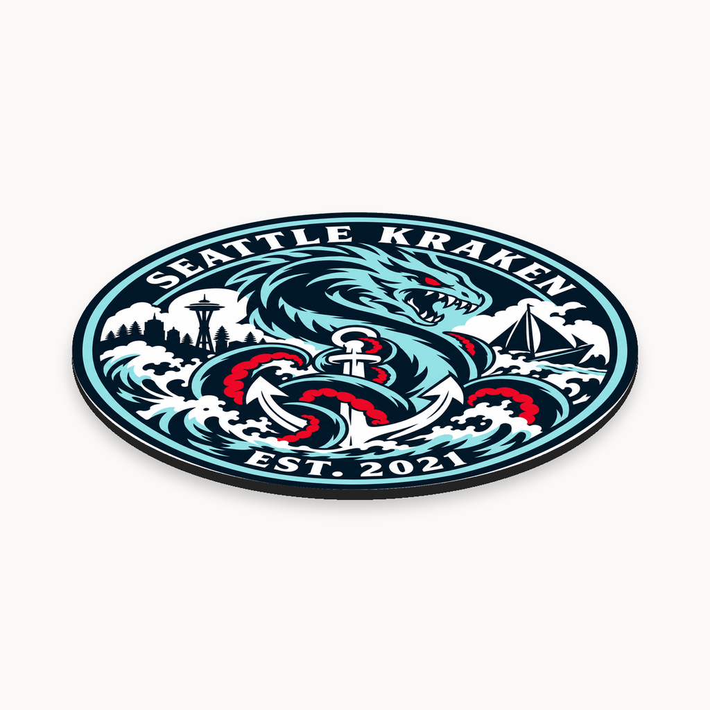 Seattle Kraken NHL seal — angled thin-profile view; illustrative rendering
