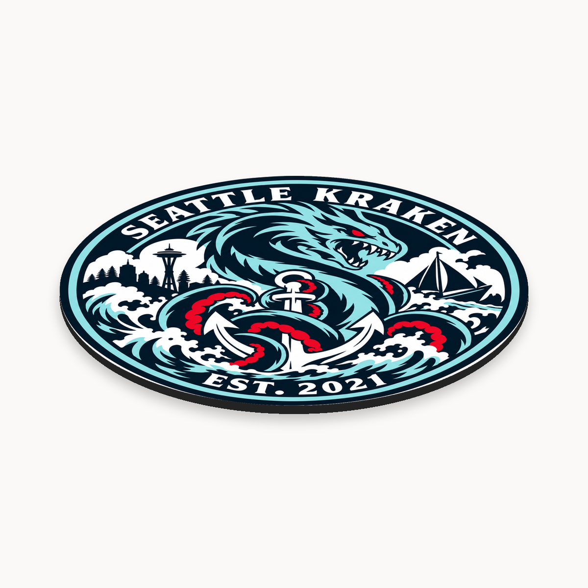 Seattle Kraken NHL seal — angled thin-profile view; illustrative rendering