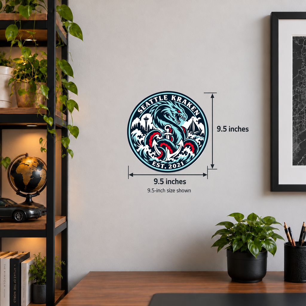 Seattle Kraken NHL seal — wall display with 9.5-inch measurements; 9.5-inch size shown; illustrative rendering