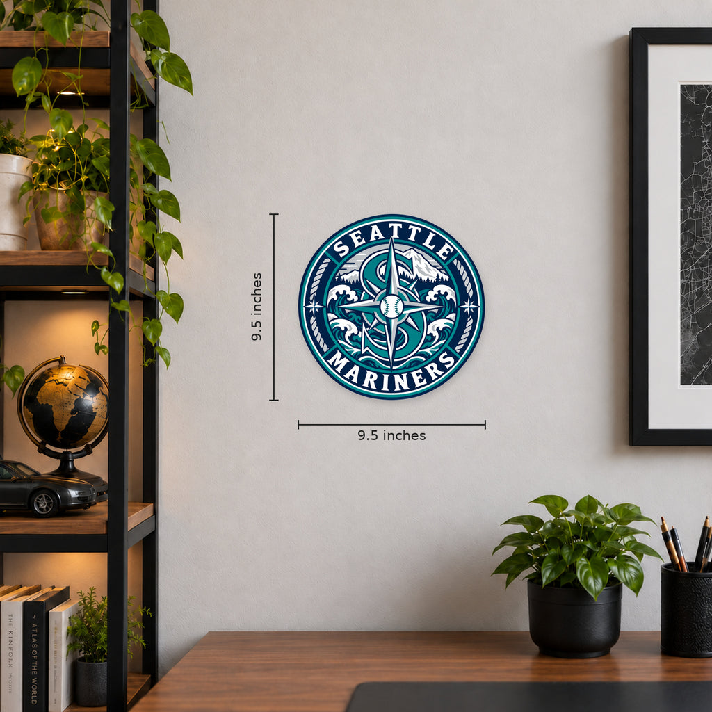 Seattle Mariners MLB Team Seal — example wall display with 9.5-inch width and height guides; illustrative rendering