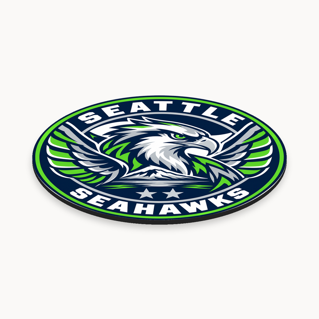 Seattle Seahawks NFL seal — angled thin-profile view; illustrative rendering