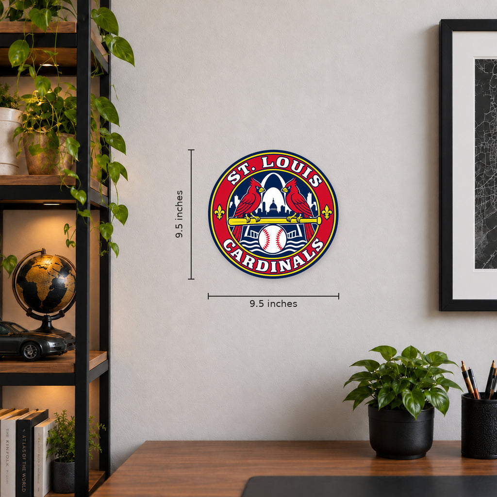 St. Louis Cardinals MLB Team Seal — example wall display with 9.5-inch width and height guides; illustrative rendering
