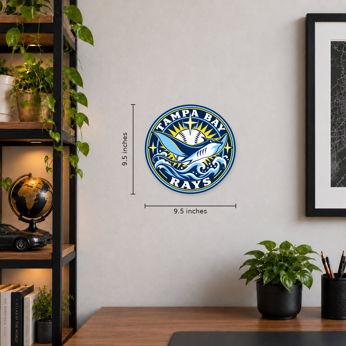 Tampa Bay Rays MLB Team Seal — example wall display with 9.5-inch width and height guides; illustrative rendering