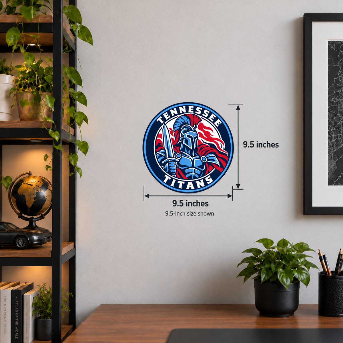 Tennessee Titans NFL seal — wall display with 9.5-inch measurements; 9.5-inch size shown; illustrative rendering