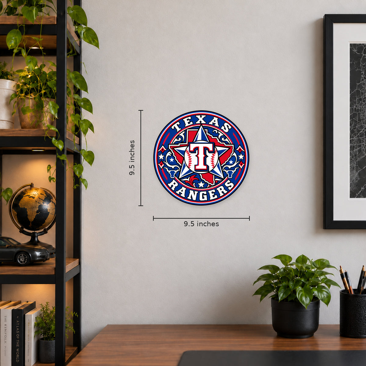 Texas Rangers MLB Team Seal — example wall display with 9.5-inch width and height guides; illustrative rendering