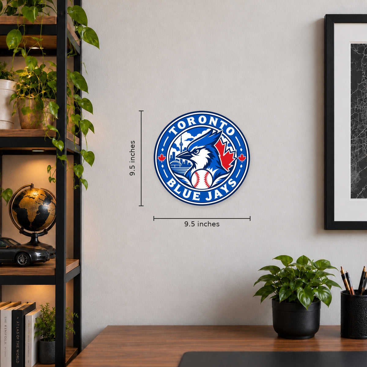 Toronto Blue Jays MLB Team Seal — example wall display with 9.5-inch width and height guides; illustrative rendering