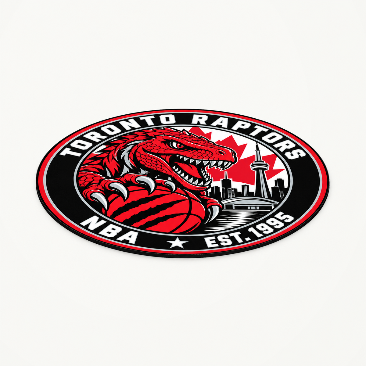 Toronto Raptors NBA seal — angled view showing thin profile; illustrative rendering