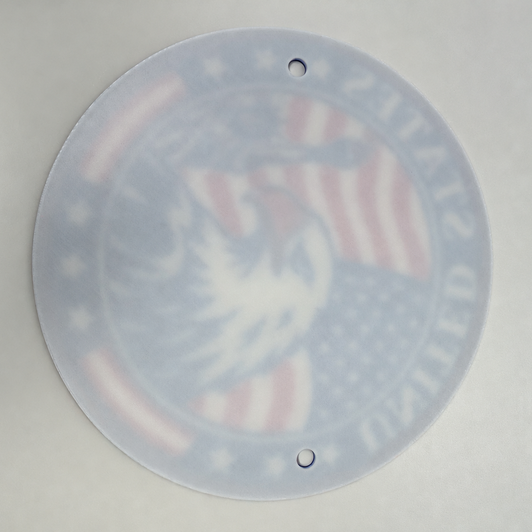 Back photograph of the 9.5-inch United States seal showing its backing and two hanging holes