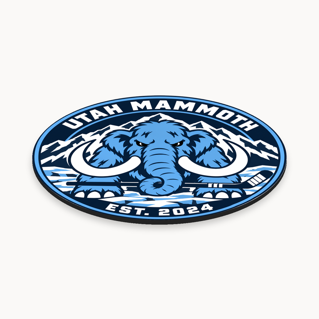 Utah Mammoth NHL seal — angled thin-profile view; illustrative rendering