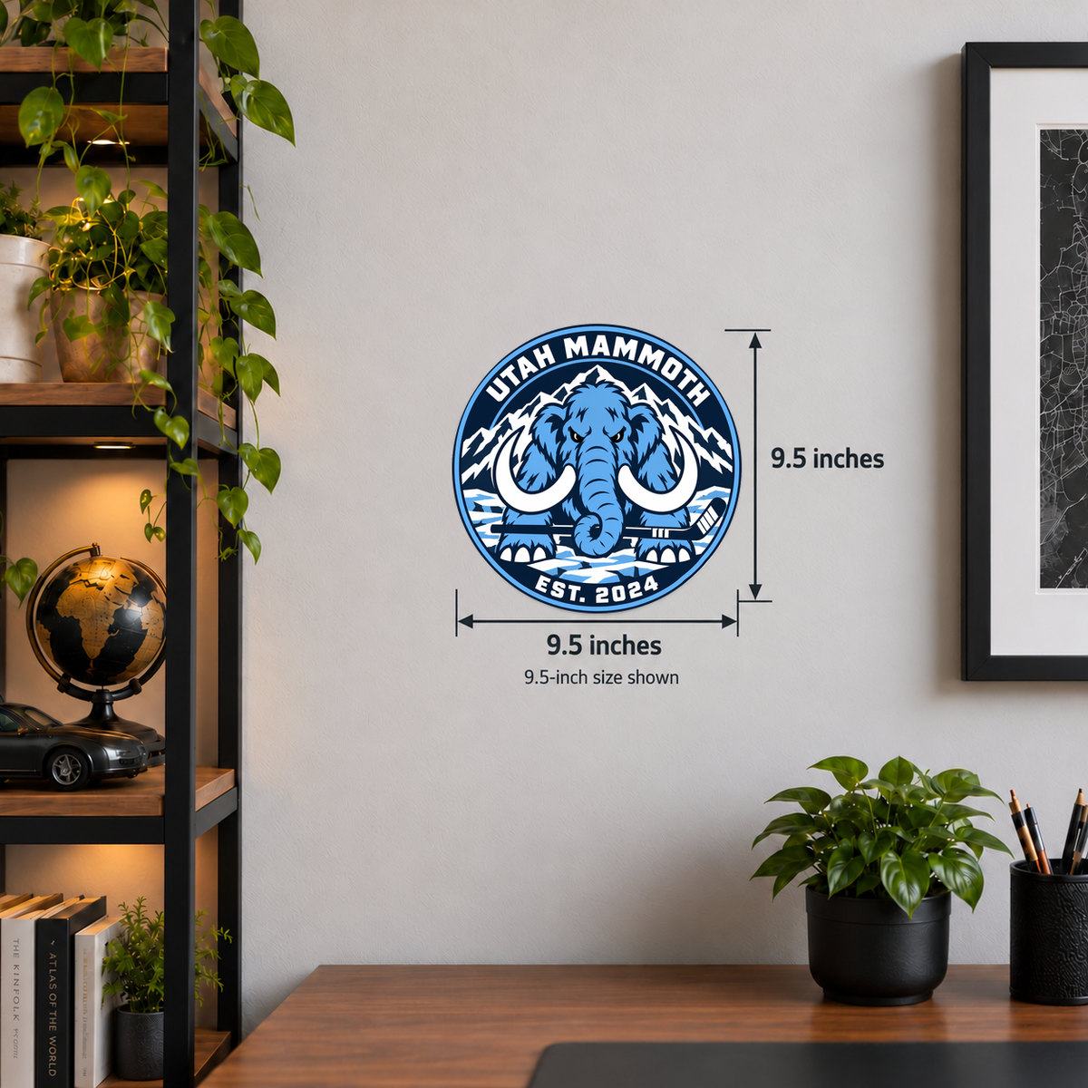 Utah Mammoth NHL seal — wall display with 9.5-inch measurements; 9.5-inch size shown; illustrative rendering