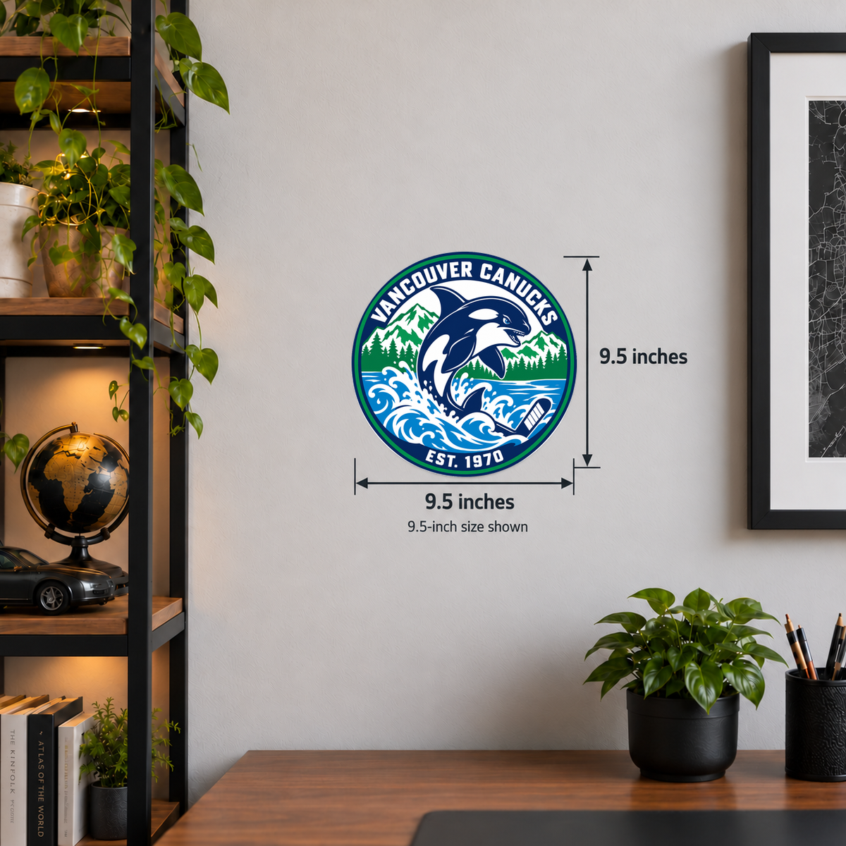 Vancouver Canucks NHL seal — wall display with 9.5-inch measurements; 9.5-inch size shown; illustrative rendering