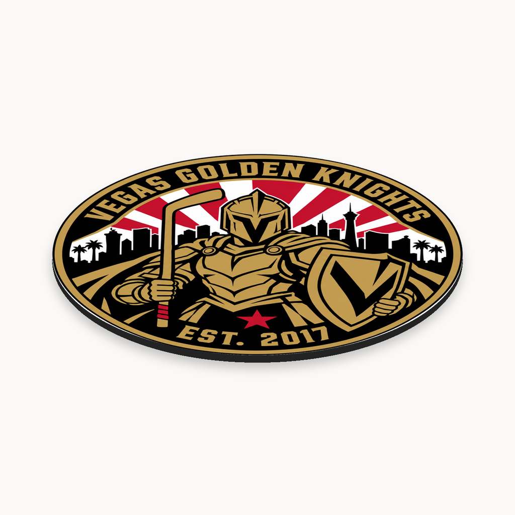 Vegas Golden Knights NHL seal — angled thin-profile view; illustrative rendering