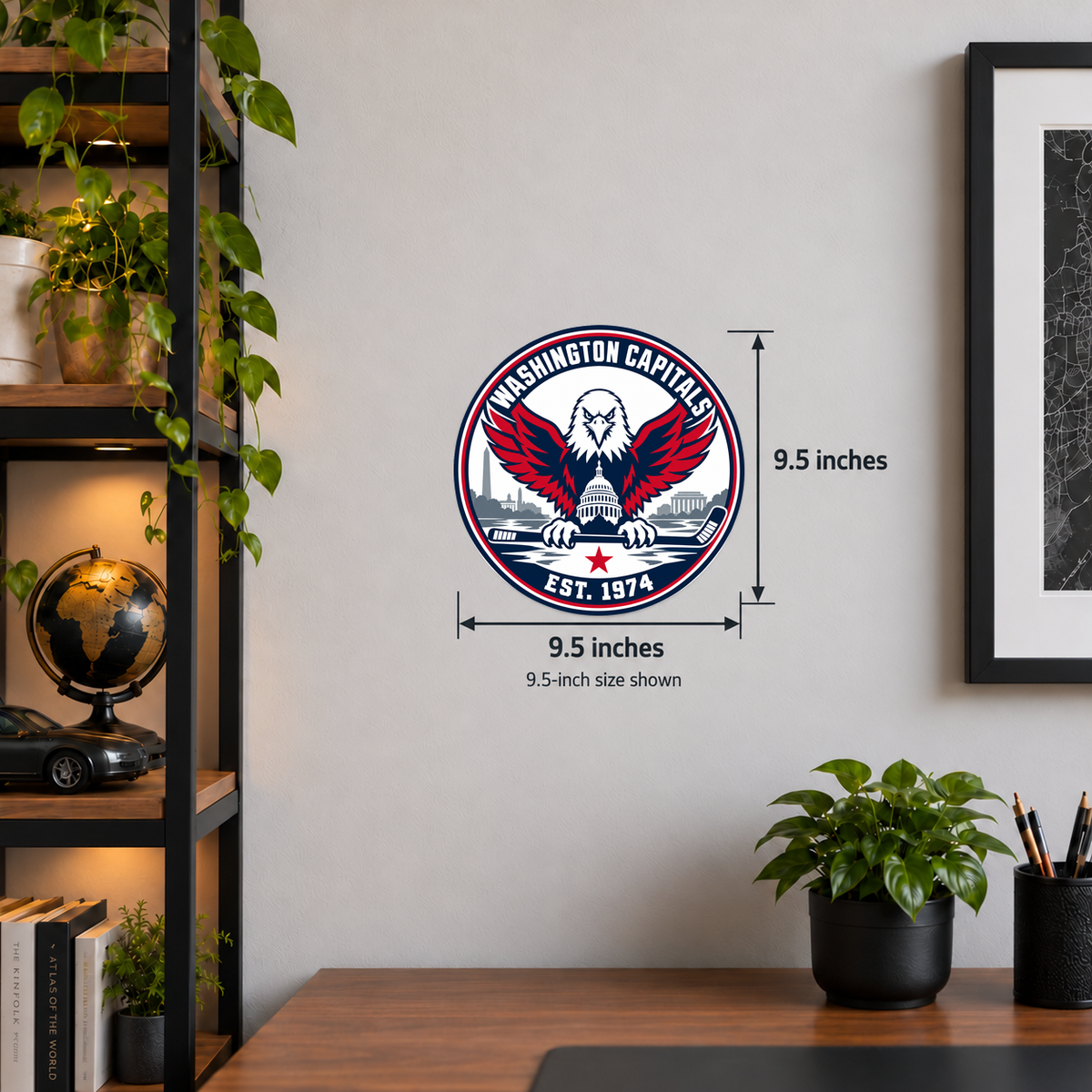 Washington Capitals NHL seal — wall display with 9.5-inch measurements; 9.5-inch size shown; illustrative rendering