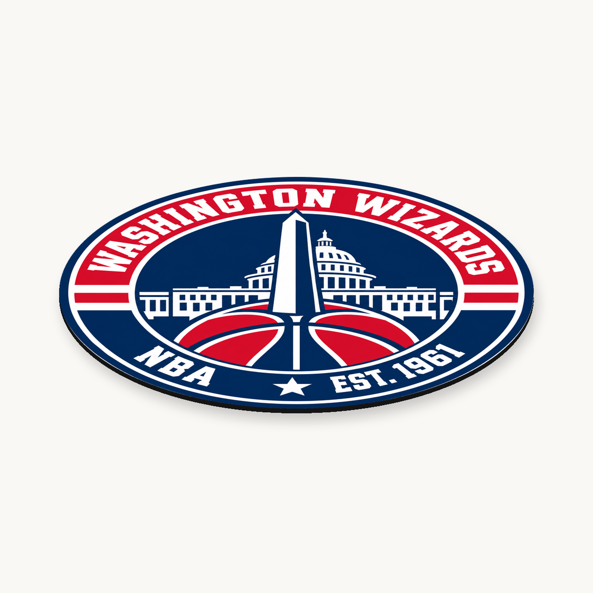 Washington Wizards NBA seal — angled view showing thin profile; illustrative rendering