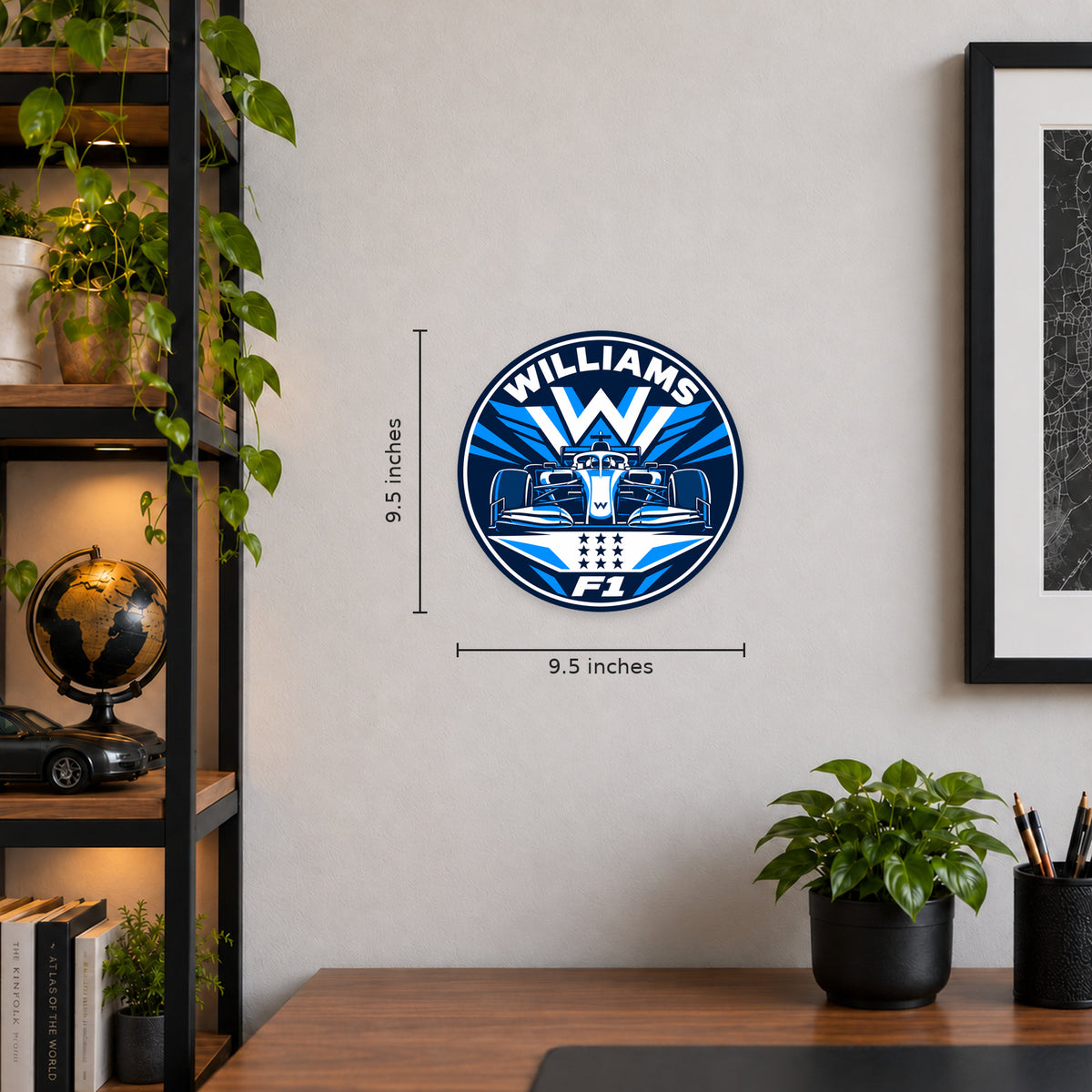 Williams F1 Team Seal — example wall display with 9.5-inch width and height guides; illustrative rendering