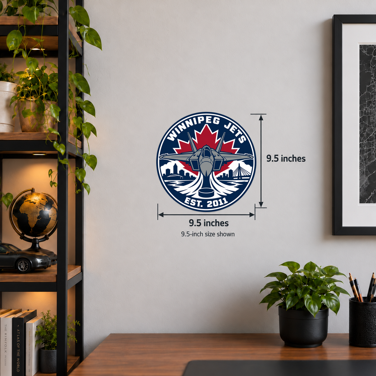 Winnipeg Jets NHL seal — wall display with 9.5-inch measurements; 9.5-inch size shown; illustrative rendering