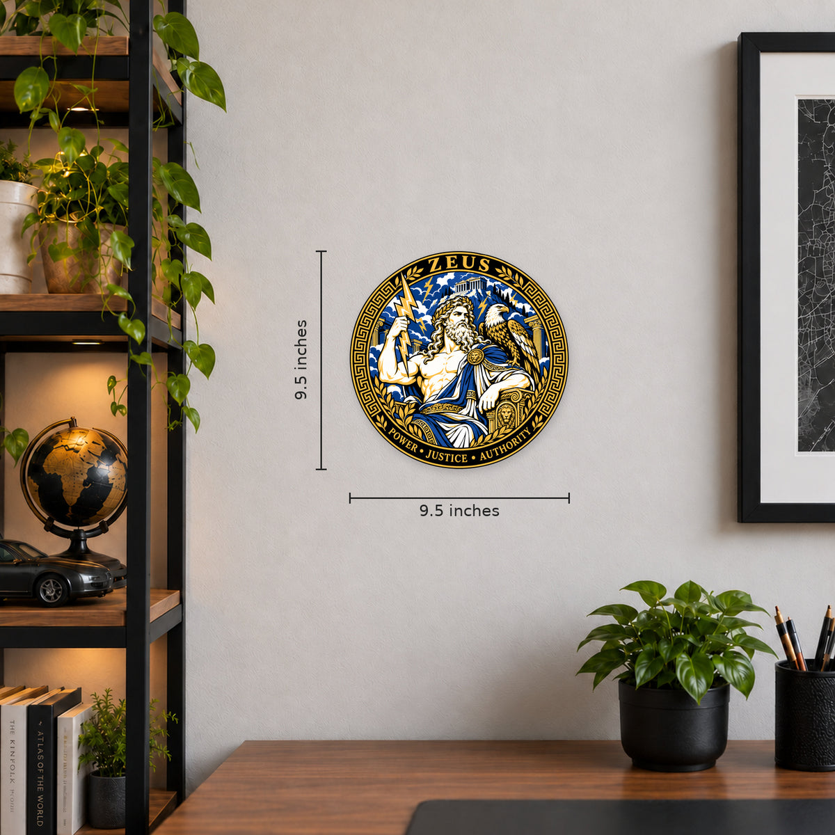 Zeus Greek Mythology Seal — example wall display with 9.5-inch guides; illustrative rendering
